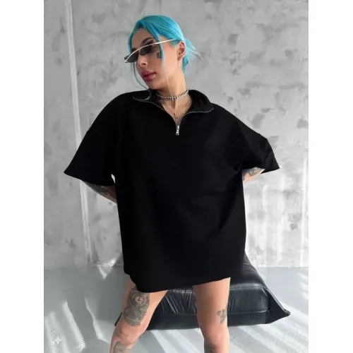 Unisex Yarım Fermuarlı Basic T-Shirt - Siyah Unisex Yarım Fermuarlı Basic T-Shirt - Siyah