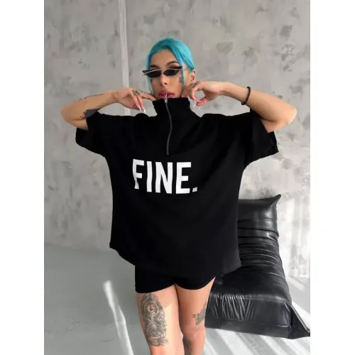 Unisex Baskılı Yarım Fermuarlı T-Shirt - Siyah Unisex Baskılı Yarım Fermuarlı T-Shirt - Siyah