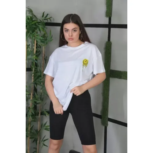 Unisex Bisiklet Yaka Baskılı Oversize T-Shirt - Beyaz Unisex Bisiklet Yaka Baskılı Oversize T-Shirt - Beyaz