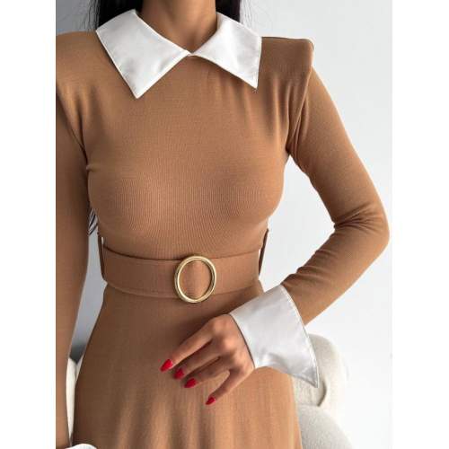 Kadın Uzun Kol Gömlek Yaka Ve Vatka Detay Kemer Dahil Midi Boy Elbise