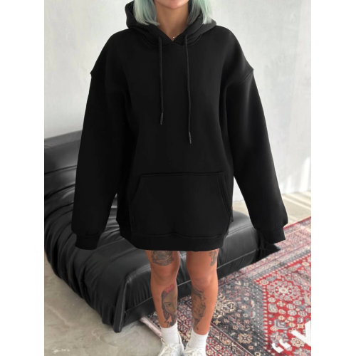 Kapşonlu Üç İplik Penye Basic SweatShirt - Siyah Kapşonlu Üç İplik Penye Basic SweatShirt - Siyah