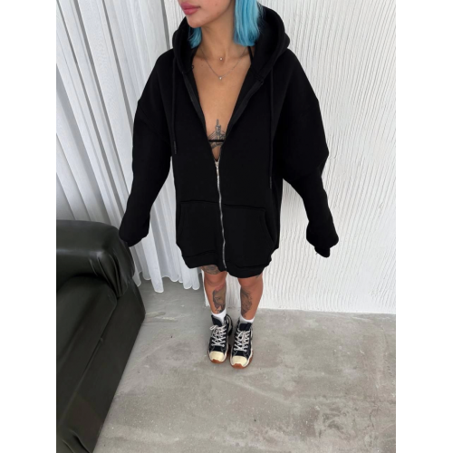Oversize Tam Fermuarlı Uzun Kol Hırka - Siyah Oversize Tam Fermuarlı Uzun Kol Hırka - Siyah