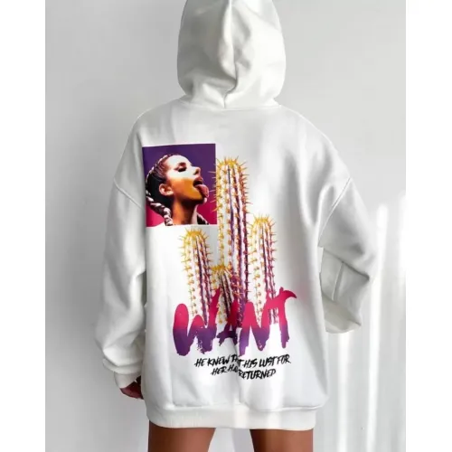 Baskılı Üç İplik Kapüşonlu Oversize Sweatshirt - Beyaz Baskılı Üç İplik Kapüşonlu Oversize Sweatshirt - Beyaz