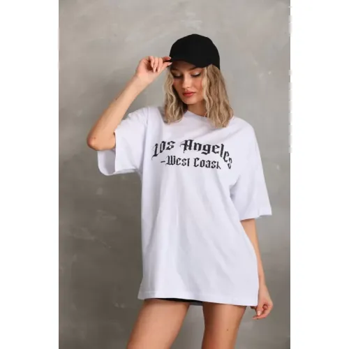 Unisex Baskılı Oversize T-Shirt - Beyaz Unisex Baskılı Oversize T-Shirt - Beyaz