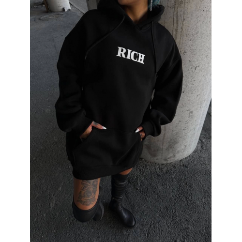 Uzun Kol Kapşonlu Göğüs Baskılı SweatShirt - Siyah Uzun Kol Kapşonlu Göğüs Baskılı SweatShirt - Siyah