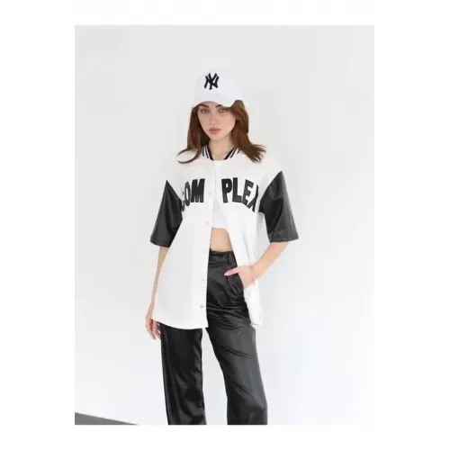 Complex Kolları Deri Kolej Oversize T-shirt - Beyaz Complex Kolları Deri Kolej Oversize T-shirt - Beyaz