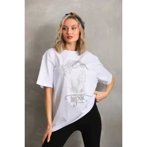 Unisex Taş Desenli Oversize T-Shirt - Beyaz Unisex Taş Desenli Oversize T-Shirt - Beyaz
