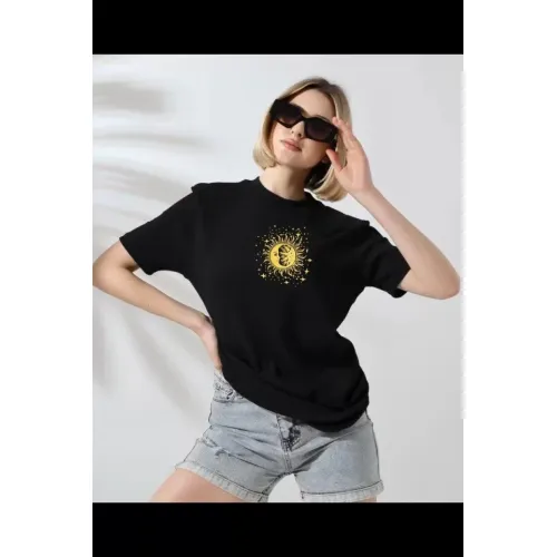 Unisex Bisiklet Yaka Baskılı T-Shirt - Siyah Unisex Bisiklet Yaka Baskılı T-Shirt - Siyah