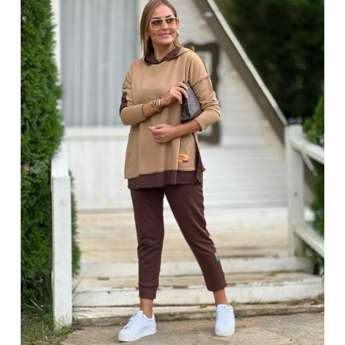 Kadın Kahve Kapşonlu Etek Ucu Detay Arma Ters Dikiş Gorunumlu Ikili Takım Kadın Kahve Kapşonlu Etek Ucu Detay Arma Ters Dikiş Gorunumlu Ikili Takım