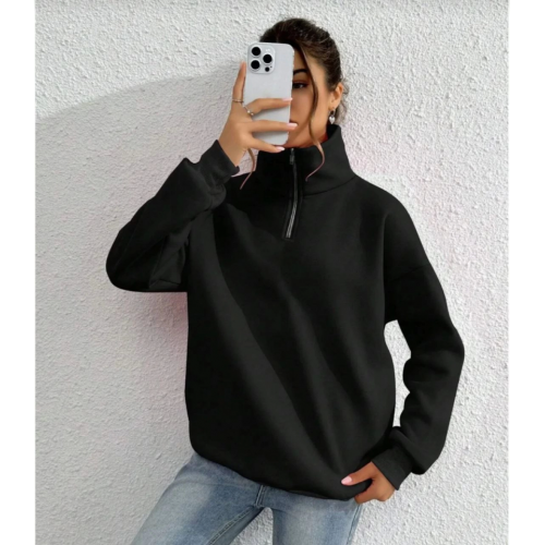 Unisex Uzun Kol Yarım Farmuarlı Yakalı Basic SweatShirt - Siyah Unisex Uzun Kol Yarım Farmuarlı Yakalı Basic SweatShirt - Siyah