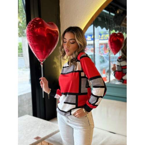 Kadın Uzun Kollu Bisiklet Yaka Renkli Blok Baskı Dalgıç Bluz