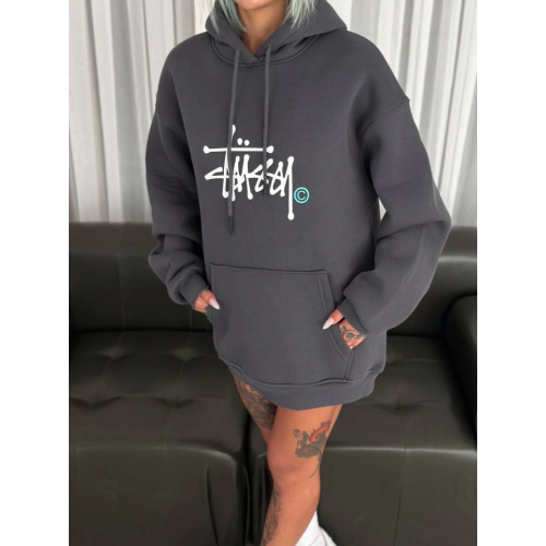 Üç İplik Kapşonlu Baskılı SweatShirt - Füme Üç İplik Kapşonlu Baskılı SweatShirt - Füme
