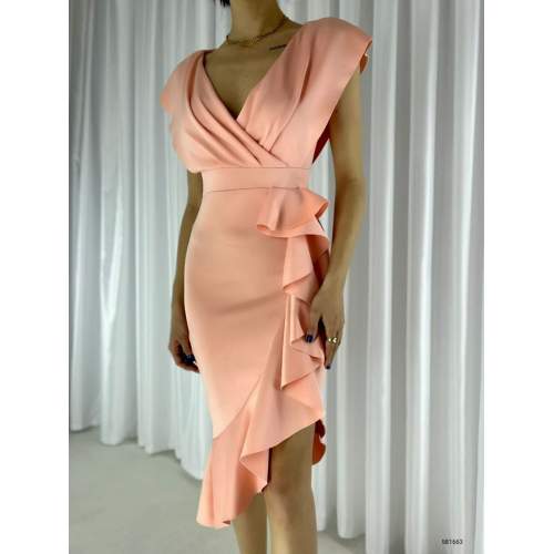 Scuba Kumaş Önü Fırfırlı Midi Boy Elbise