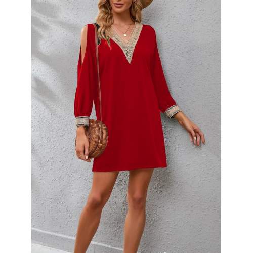 Kadın Uzun Kollu Yaka Ve Kol Manşet Güpürlü Detay Krep Mini Boy Elbise