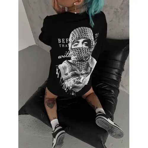 Unisex Baskılı Oversize T-Shirt - Siyah