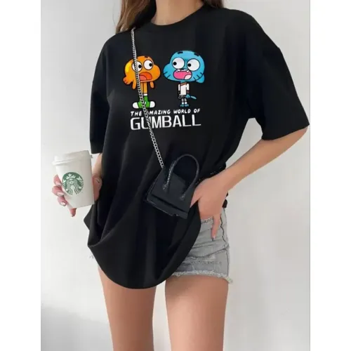 Bisiklet Yaka Baskılı Oversize T-Shirt - Siyah