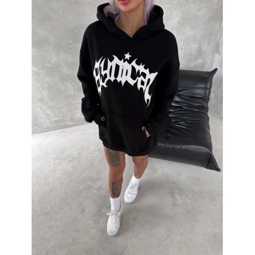 Unisex Üç İplik Kapşonlu Baskılı SweatShirt - Siyah Unisex Üç İplik Kapşonlu Baskılı SweatShirt - Siyah