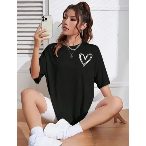 Bisiklet Yaka Baskılı Oversize T-Shirt - Siyah Bisiklet Yaka Baskılı Oversize T-Shirt - Siyah