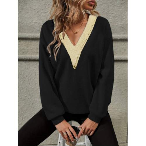 Kadın Uzun Kollu V Dantel Yaka şardonsuz üç Iplik Bluz Kadın Uzun Kollu V Dantel Yaka şardonsuz üç Iplik Bluz