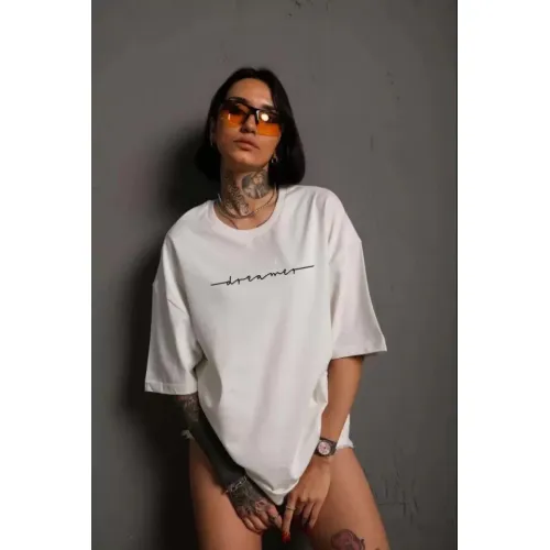 Unisex Bisiklet Yaka Baskılı T-Shirt - Beyaz Unisex Bisiklet Yaka Baskılı T-Shirt - Beyaz