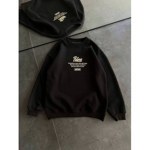 Kışlık Bisiklet Yaka Ön Ve Arka Baskılı SweatShirt - Siyah