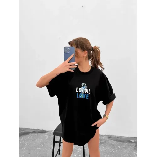 Unisex Bisiklet Yaka Baskılı Oversize T-Shirt - Siyah