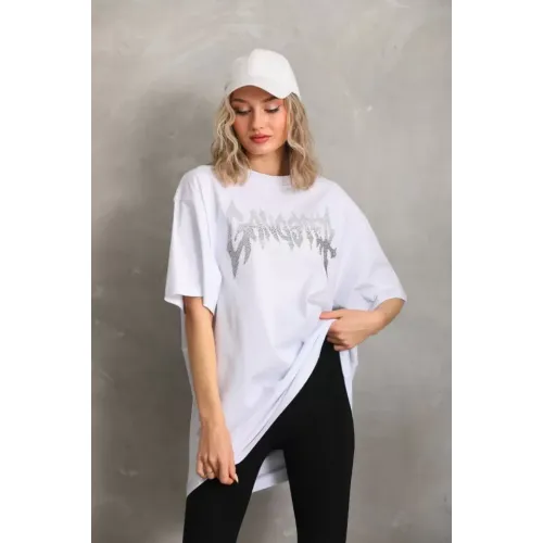 Unisex Taş Desenli Oversize T-Shirt - Beyaz Unisex Taş Desenli Oversize T-Shirt - Beyaz