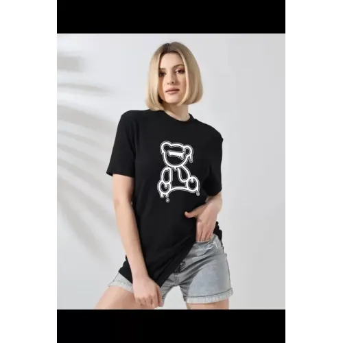 Unisex Bisiklet Yaka Baskılı T-Shirt - Siyah Unisex Bisiklet Yaka Baskılı T-Shirt - Siyah
