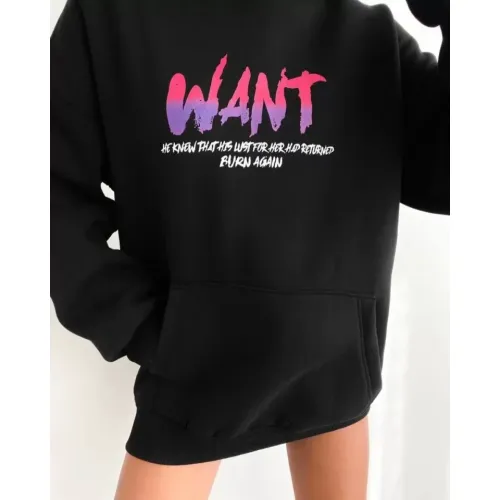 Baskılı Üç İplik Kapüşonlu Oversize Sweatshirt - Siyah Baskılı Üç İplik Kapüşonlu Oversize Sweatshirt - Siyah