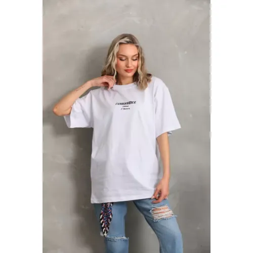 Unisex Baskılı Oversize T-Shirt - Beyaz Unisex Baskılı Oversize T-Shirt - Beyaz