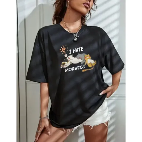 Bisiklet Yaka Baskılı Oversize T-Shirt - Siyah Bisiklet Yaka Baskılı Oversize T-Shirt - Siyah