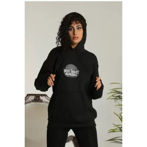 Unisex Sırt Baskılı Kapüşonlu Üç İplik Oversize Sweatshirt - Siyah Unisex Sırt Baskılı Kapüşonlu Üç İplik Oversize Sweatshirt - Siyah