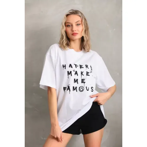Unisex Baskılı Oversize T-Shirt - Beyaz Unisex Baskılı Oversize T-Shirt - Beyaz