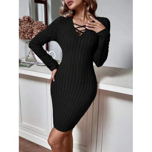 Kadın Uzun Kollu V Yakalı çapraz şerit Detaylı şardonlu Kaşkorse Midi Elbise Kadın Uzun Kollu V Yakalı çapraz şerit Detaylı şardonlu Kaşkorse Midi Elbise