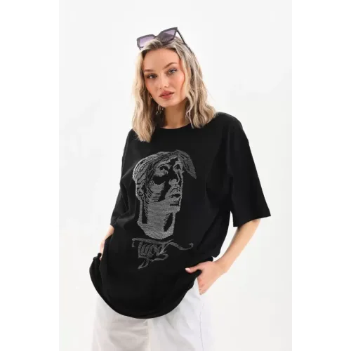 Unisex Taş Desenli Oversize T-Shirt - Siyah Unisex Taş Desenli Oversize T-Shirt - Siyah