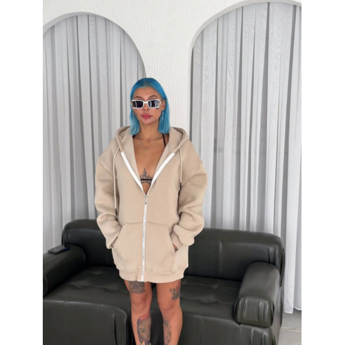 Oversize Tam Fermuarlı Uzun Kol Hırka - Bej Oversize Tam Fermuarlı Uzun Kol Hırka - Bej
