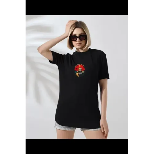 Unisex Bisiklet Yaka Baskılı T-Shirt - Siyah