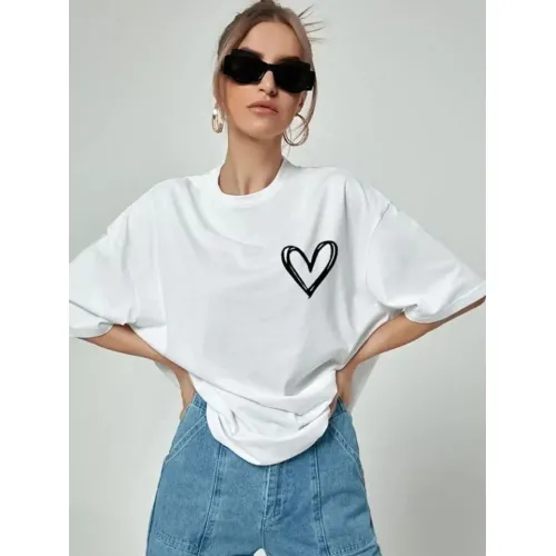 Bisiklet Yaka Baskılı Oversize T-Shirt - Beyaz Bisiklet Yaka Baskılı Oversize T-Shirt - Beyaz