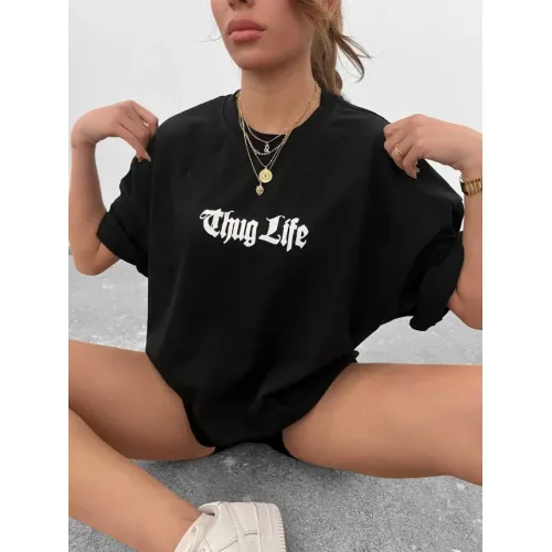 Unisex Bisiklet Yaka Baskılı Oversize T-Shirt - Siyah