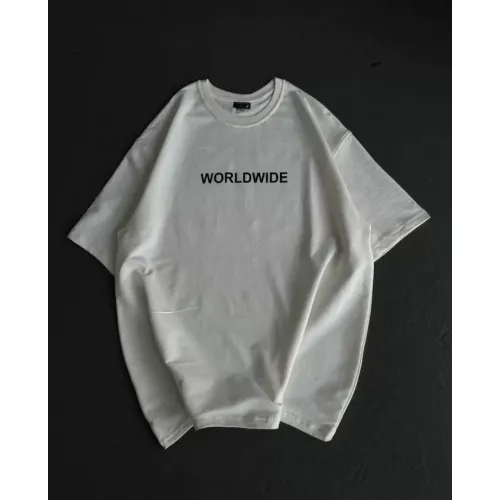 Unisex Bisiklet Yaka Baskılı Oversize T-Shirt - Beyaz