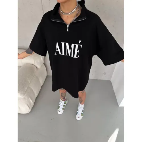 Unisex Yarım Fermuarlı Baskılı T-Shirt - Siyah Unisex Yarım Fermuarlı Baskılı T-Shirt - Siyah