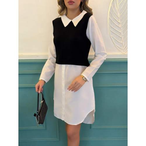 Kadın Uzun Kollu Gömlek Yaka çift Renkli Trikoton Elbise