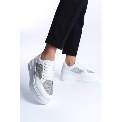 Lisinya948  Bağcıklı Ortopedik Taban Simli Kadın Sneaker Ayakkabı BT Beyaz Lisinya948  Bağcıklı Ortopedik Taban Simli Kadın Sneaker Ayakkabı BT Beyaz