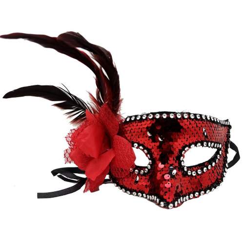 Kırmızı Renk Yandan Tüylü Güllü Gümüş Taşlı Pullu Maske 20x22 cm Kırmızı Renk Yandan Tüylü Güllü Gümüş Taşlı Pullu Maske 20x22 cm