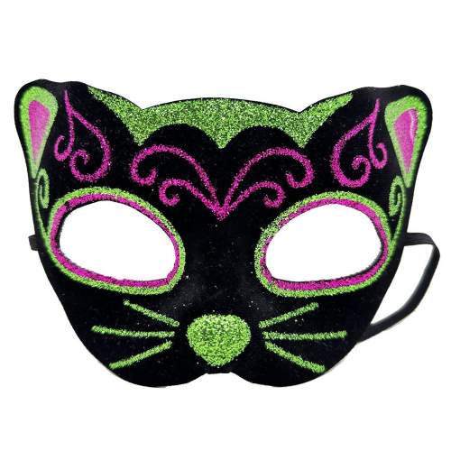 Siyah Kadife Kaplama Üzeri Pembe Yeşil Sim İşlemeli Kedi Maskesi 20x13 cm Siyah Kadife Kaplama Üzeri Pembe Yeşil Sim İşlemeli Kedi Maskesi 20x13 cm