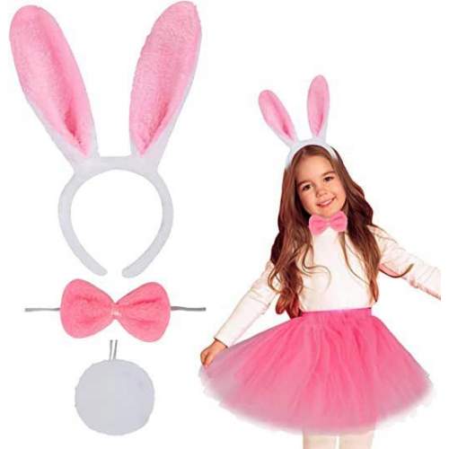 Tavşan Tacı Eteği Papyonu ve Kuyruk Kostüm  Seti Pembe Renk Çocuk Boy Tavşan Tacı Eteği Papyonu ve Kuyruk Kostüm  Seti Pembe Renk Çocuk Boy