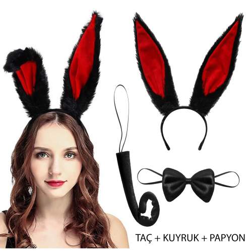 Siyah Kırmızı Renk Peluş Tavşan Kulak Papyon Kuyruk Yetişkin Boy Siyah Kırmızı Renk Peluş Tavşan Kulak Papyon Kuyruk Yetişkin Boy