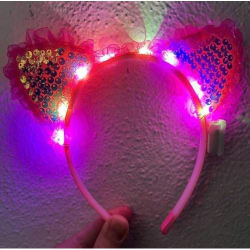 Kenarları Dantelli Pembe Pullu Payetli Led Işıklı Kedi Kulak Taç 17x19 cm Kenarları Dantelli Pembe Pullu Payetli Led Işıklı Kedi Kulak Taç 17x19 cm