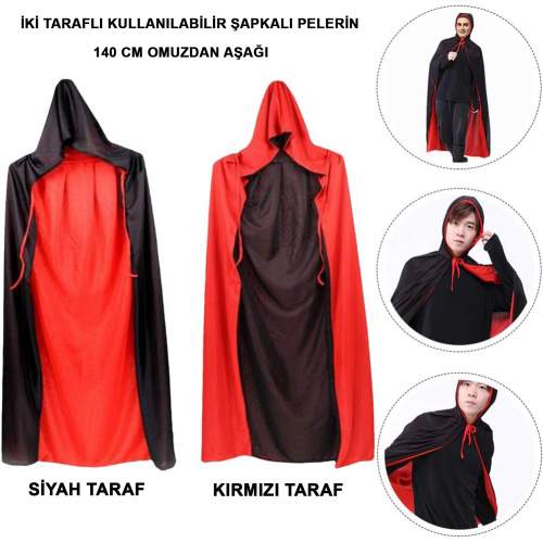 Çift Taraflı Kullanılabilir Siyah Kırmızı Kapişonlu Pelerin 140 cm Yetişkin Çift Taraflı Kullanılabilir Siyah Kırmızı Kapişonlu Pelerin 140 cm Yetişkin