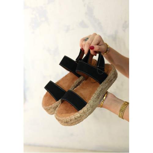 Siyah Deri Cırt Cırtlı Sandalet Siyah Deri Cırt Cırtlı Sandalet